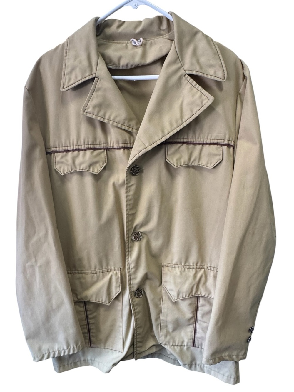Vintage Cargo 70s Men's 42 Long Tan Beige Retro Casual Button-Front Jacket MINTY